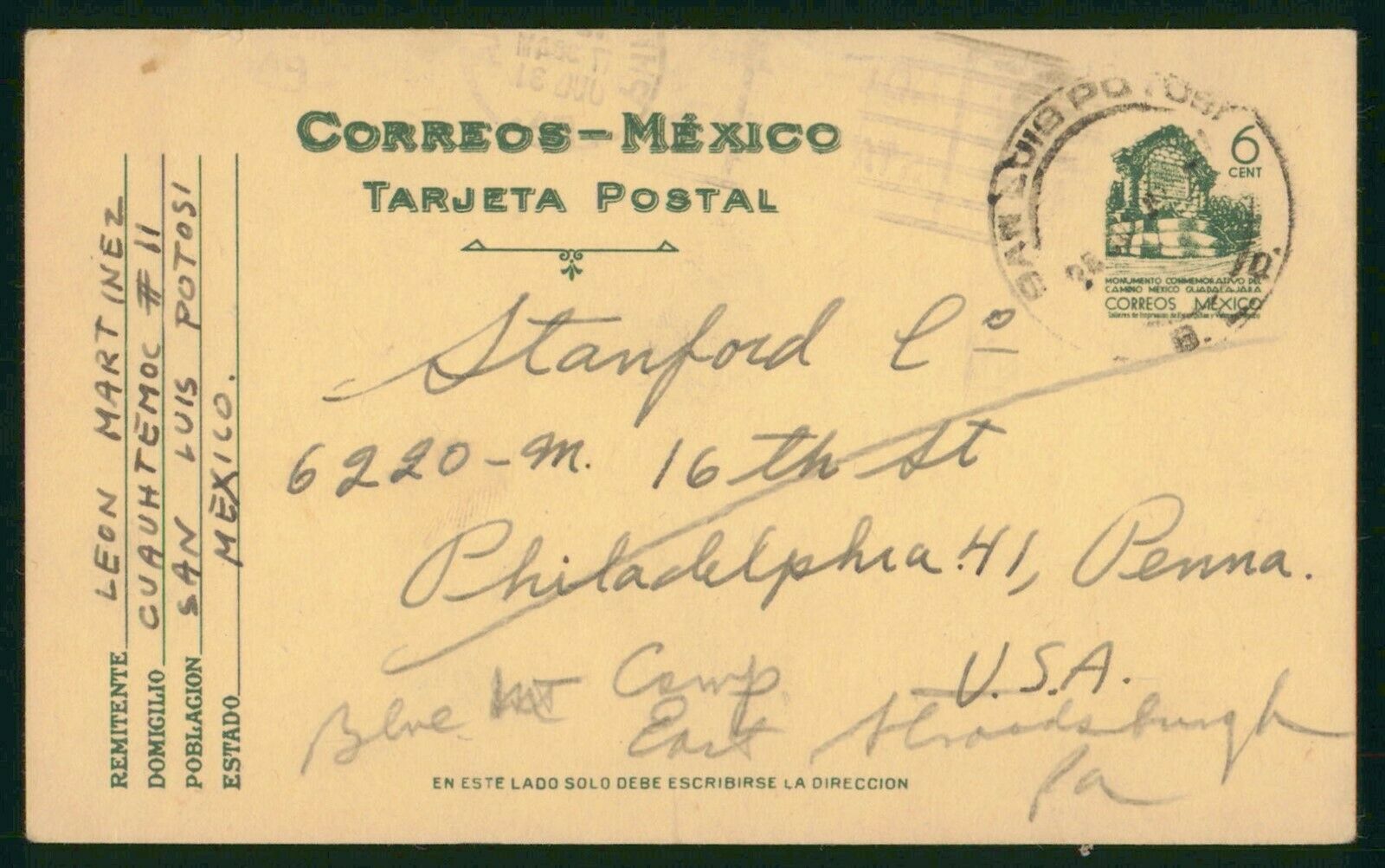 Mayfairstamps Mexico To Philadelphia Pa Monument Card Wwo_92631