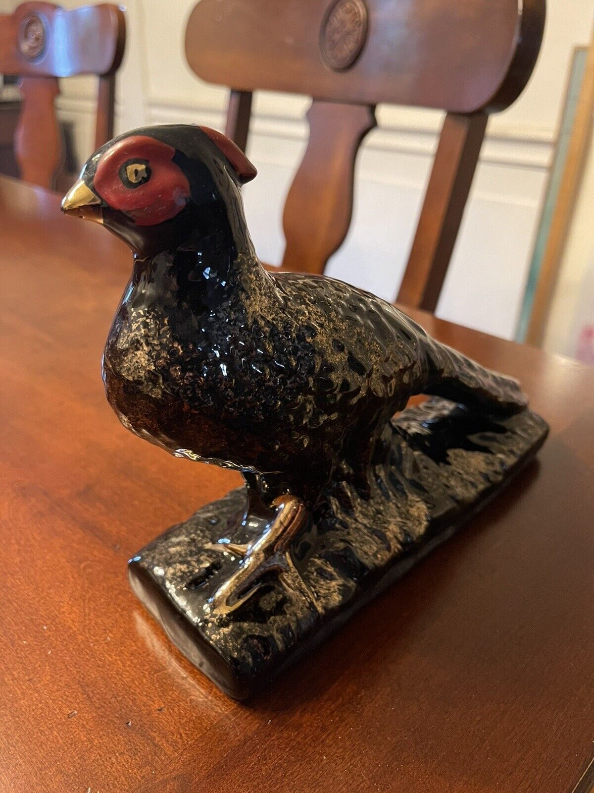 Mid Century Modern Pheasant Bird Figurine Black & Gold Cast Ceramic Vintage