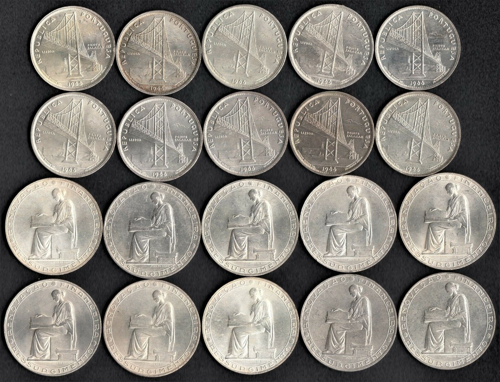 Portugal Silver Coin Lot - 20 Escudos 1953 / 1960  - Unc - 300g - 20 Coins 🇵🇹