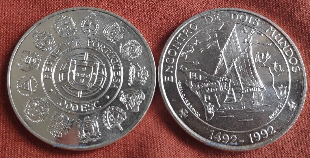 1992 Portugal 1000 Escudos Silver Meeting Of 2 Worlds Ibero American Serie G388