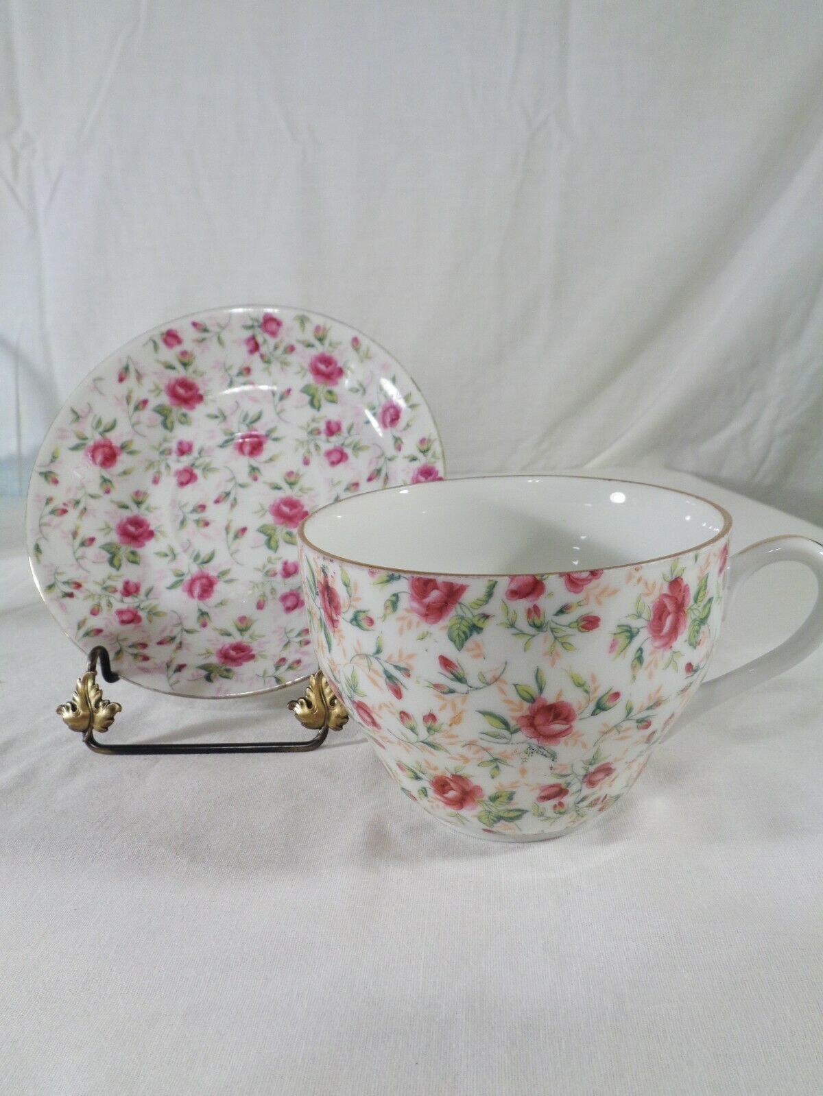 Vintage Lefton Rose Chintz Oversized Cup And Saucer #2356r