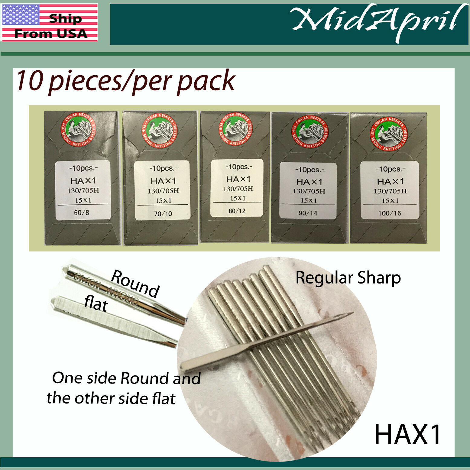 Organ  Home Sewing Machine Flat Side Needles Hax1 12 14 16