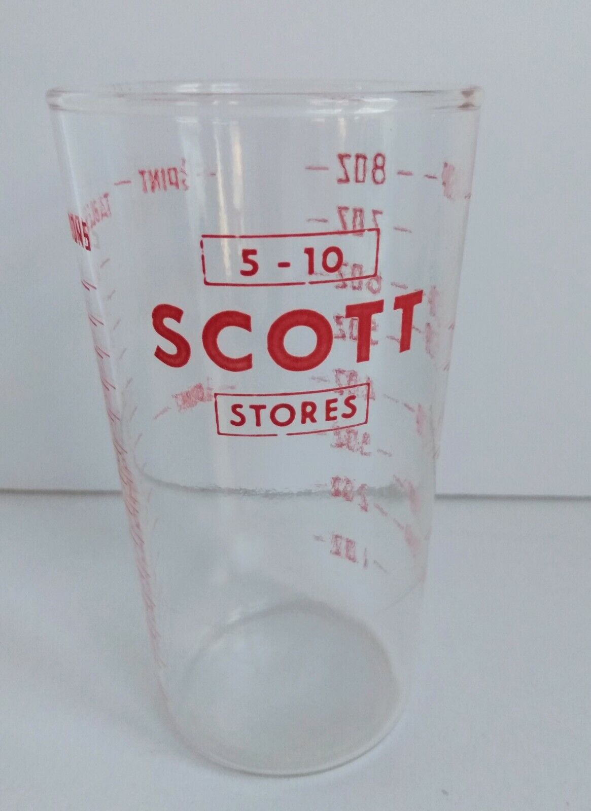 Scott Stores Five & Dime Store Ad, Promotion Measuring Glass, Bold Red Enamel