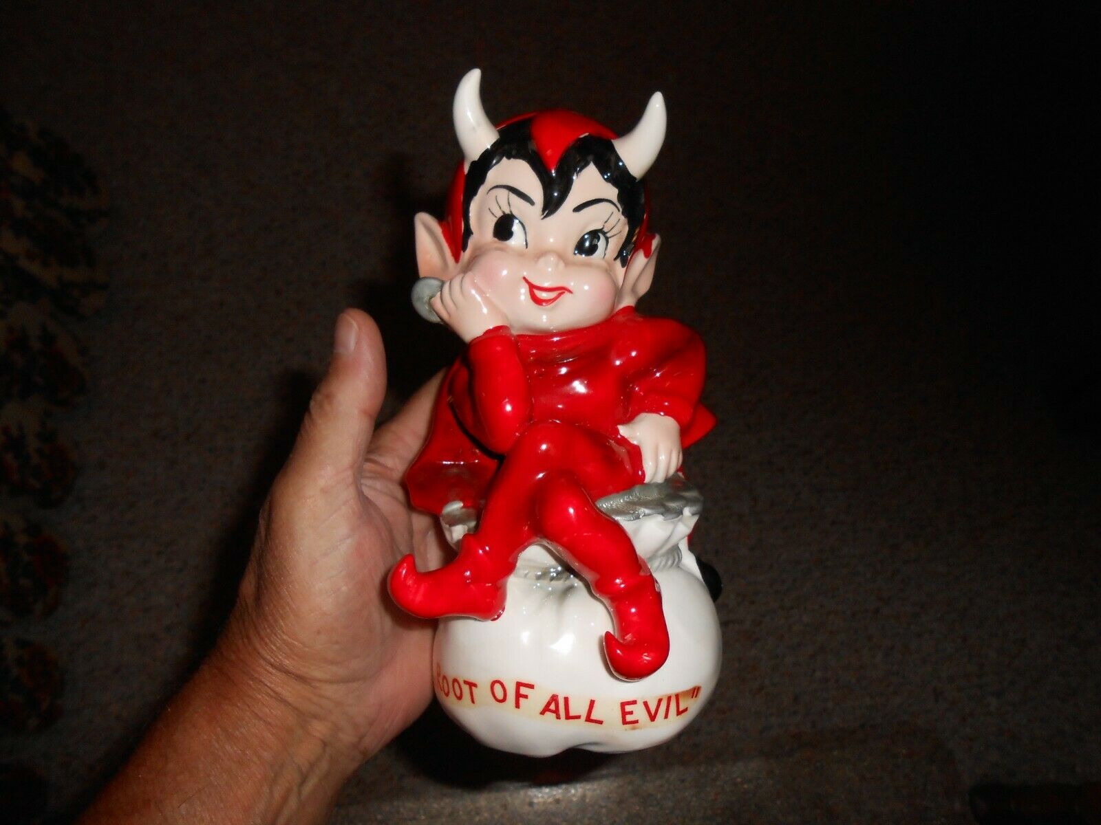 1960's Lefton Kid Red Devil Pixie Hand Painted Coin Bank New In Box