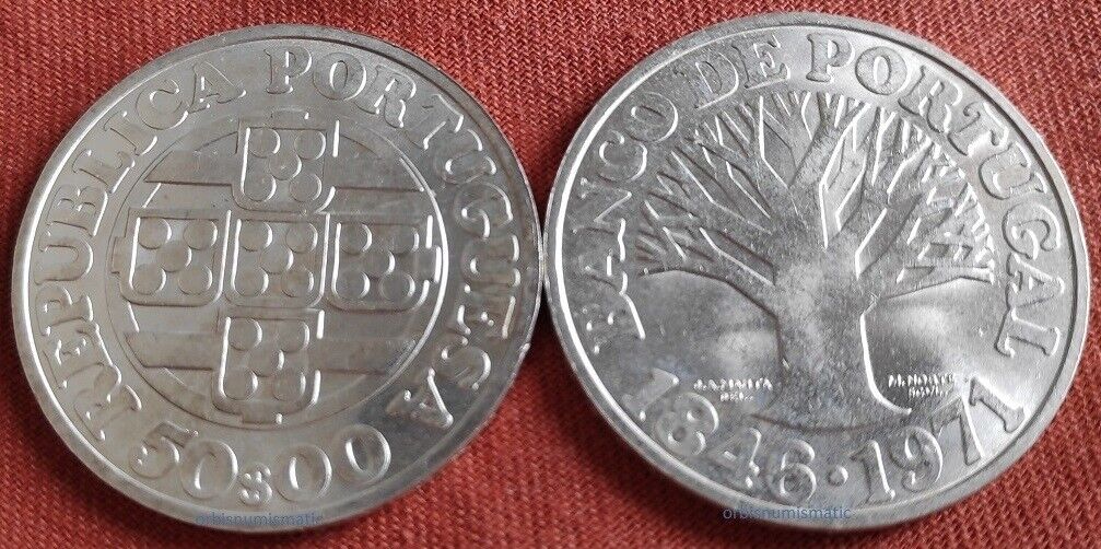 1971 Portugal 50 Escudos Silver 125 Years Bank Of Portugal Unc Bu Coin G5